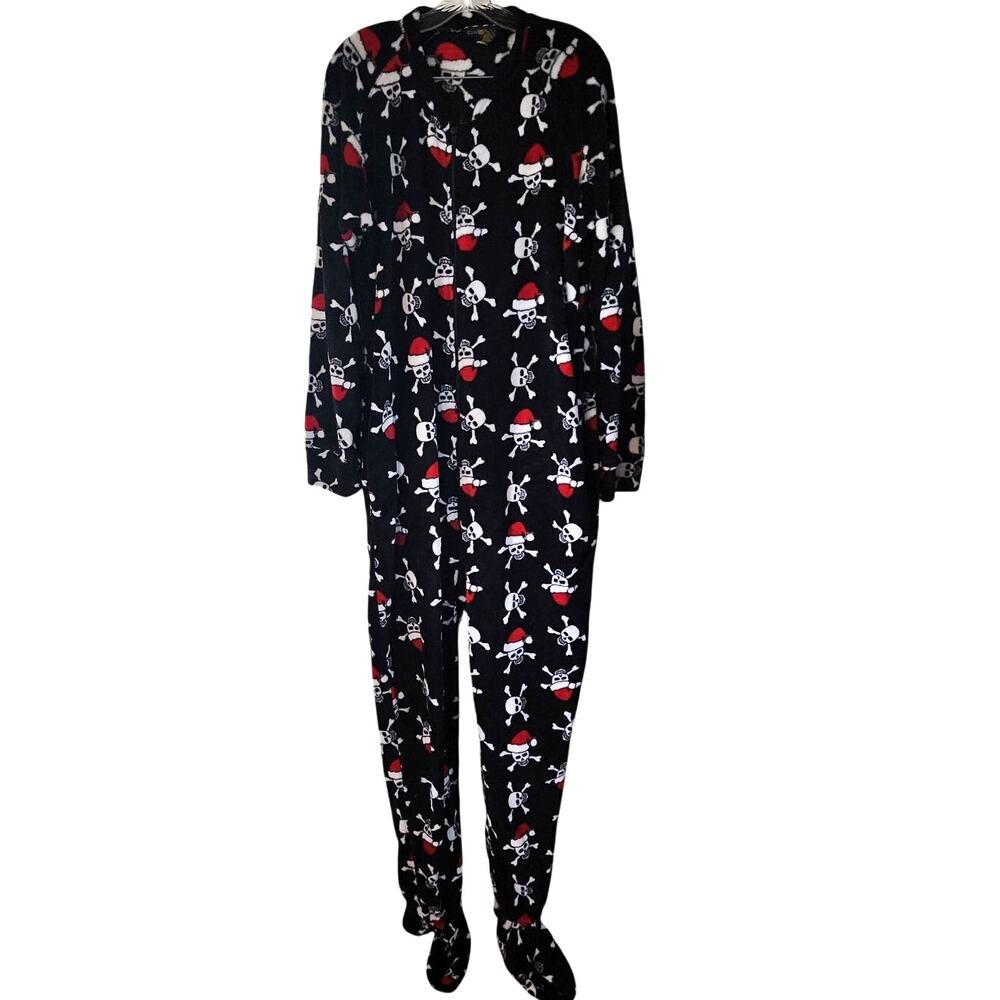 Club Room Full Zip Skull Santa Hat Onsie Fleece Pajamas Size Large